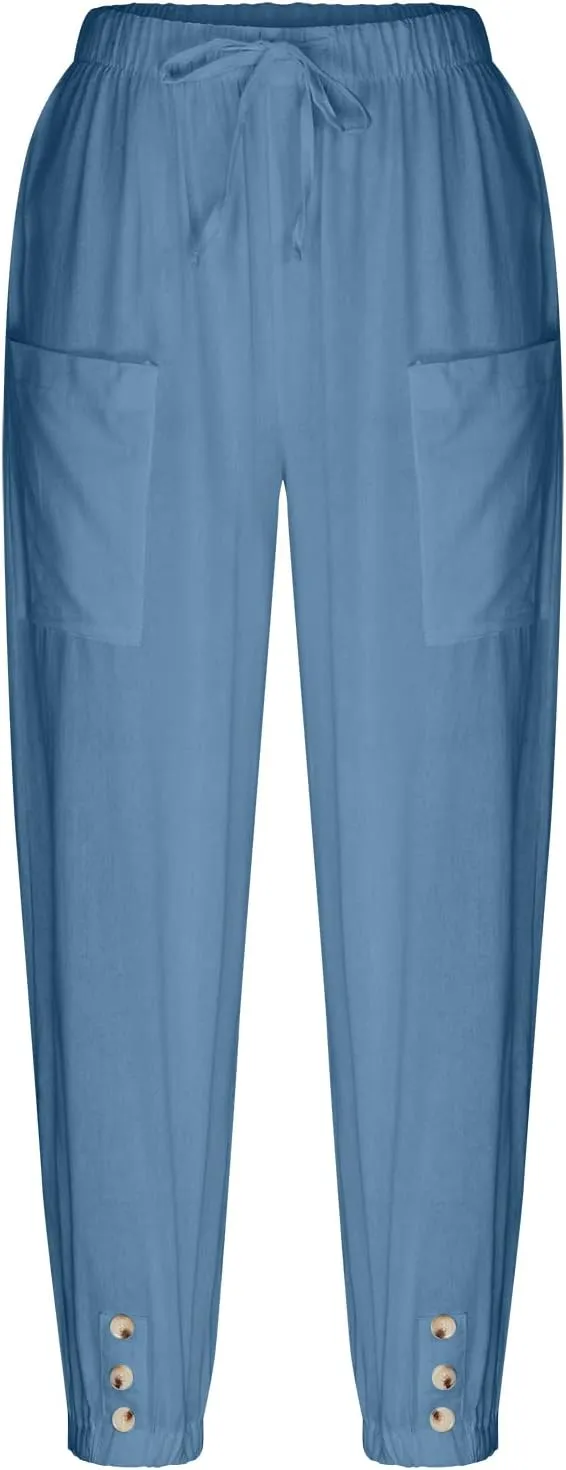 Women's Linen Pants Casual Elastic Waist Relaxed Fit Straight Leg Capri Pants Cropped Beach Trousers with Pockets