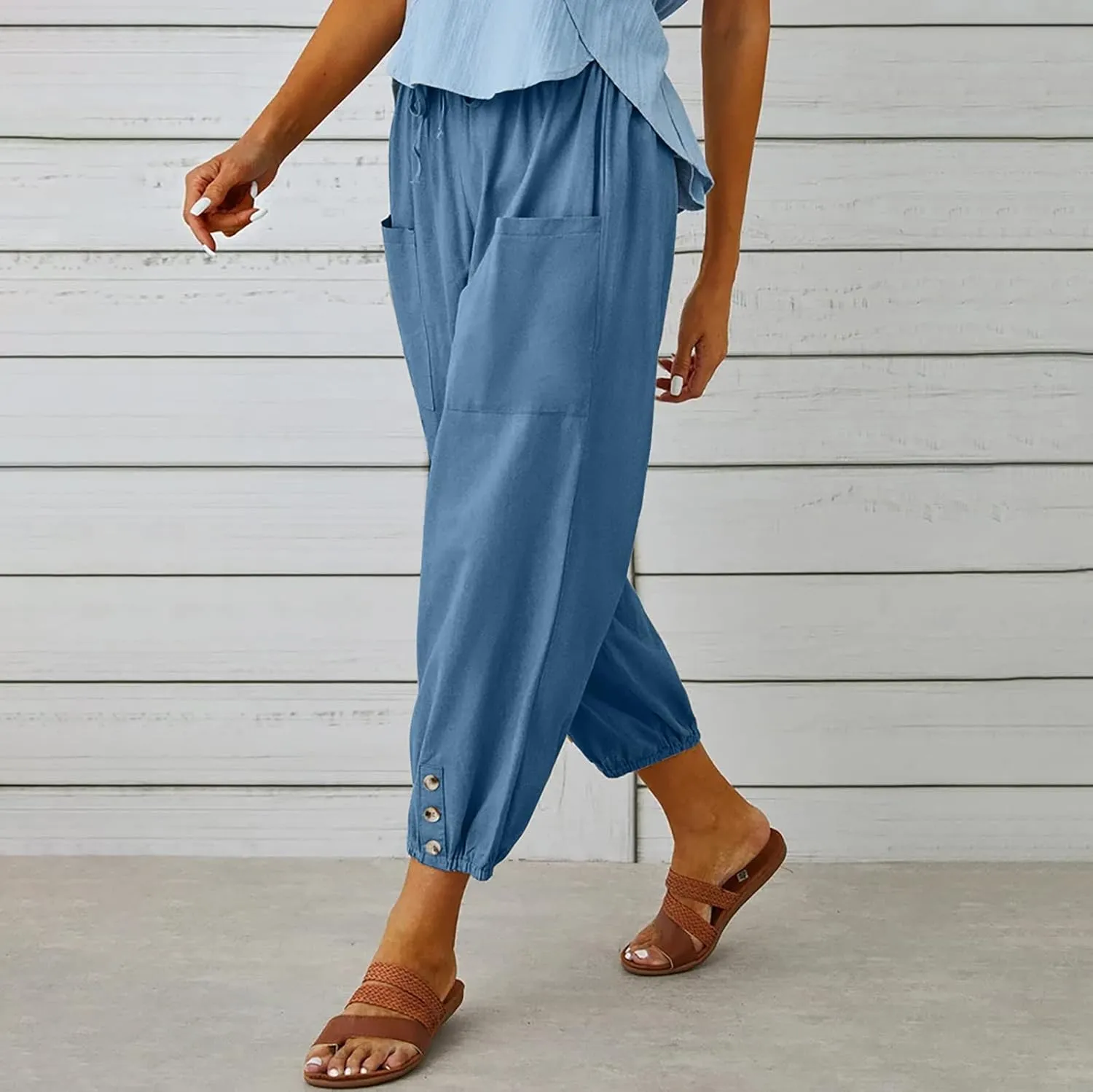 Women's Linen Pants Casual Elastic Waist Relaxed Fit Straight Leg Capri Pants Cropped Beach Trousers with Pockets