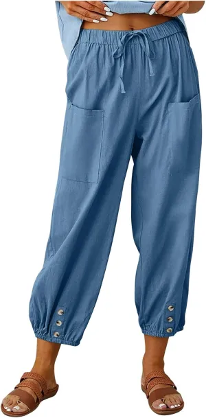 Women's Linen Pants Casual Elastic Waist Relaxed Fit Straight Leg Capri Pants Cropped Beach Trousers with Pockets