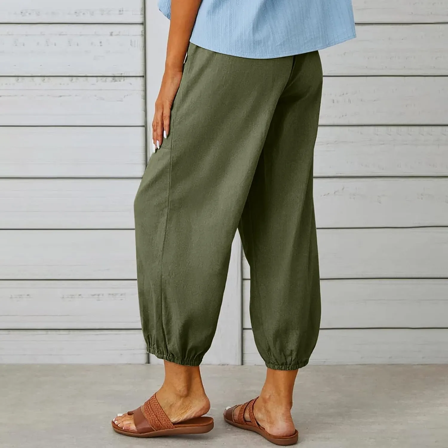 Women's Linen Pants Casual Elastic Waist Relaxed Fit Straight Leg Capri Pants Cropped Beach Trousers with Pockets