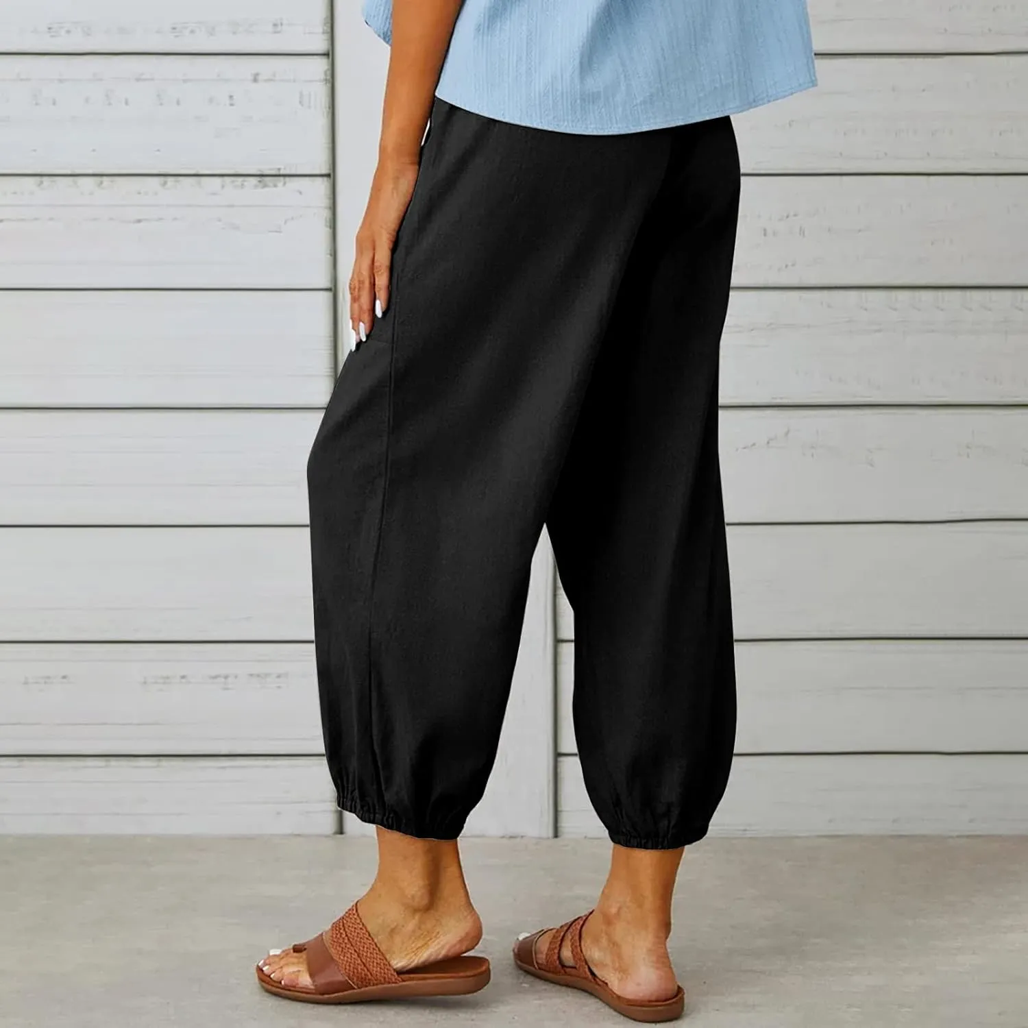 Women's Linen Pants Casual Elastic Waist Relaxed Fit Straight Leg Capri Pants Cropped Beach Trousers with Pockets