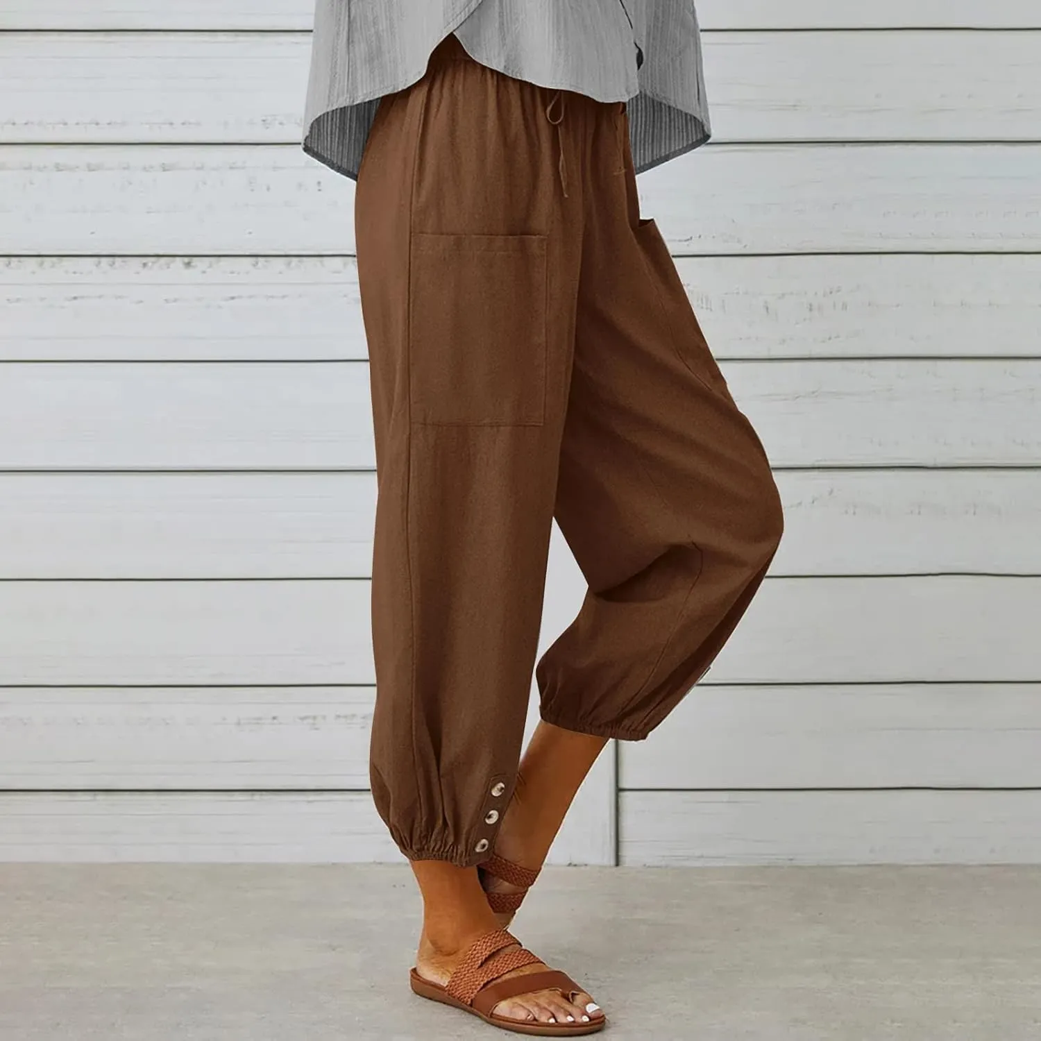 Women's Linen Pants Casual Elastic Waist Relaxed Fit Straight Leg Capri Pants Cropped Beach Trousers with Pockets