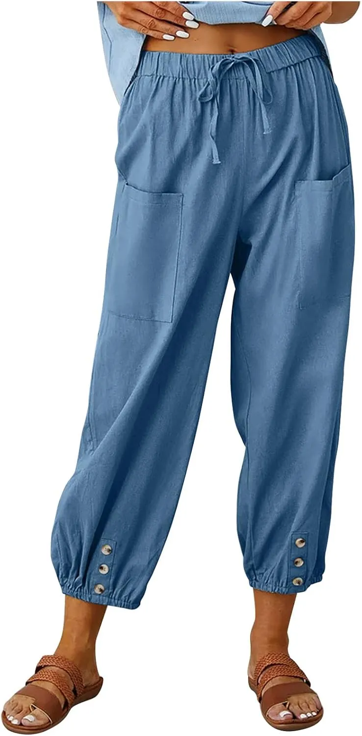 Women's Linen Pants Casual Elastic Waist Relaxed Fit Straight Leg Capri Pants Cropped Beach Trousers with Pockets