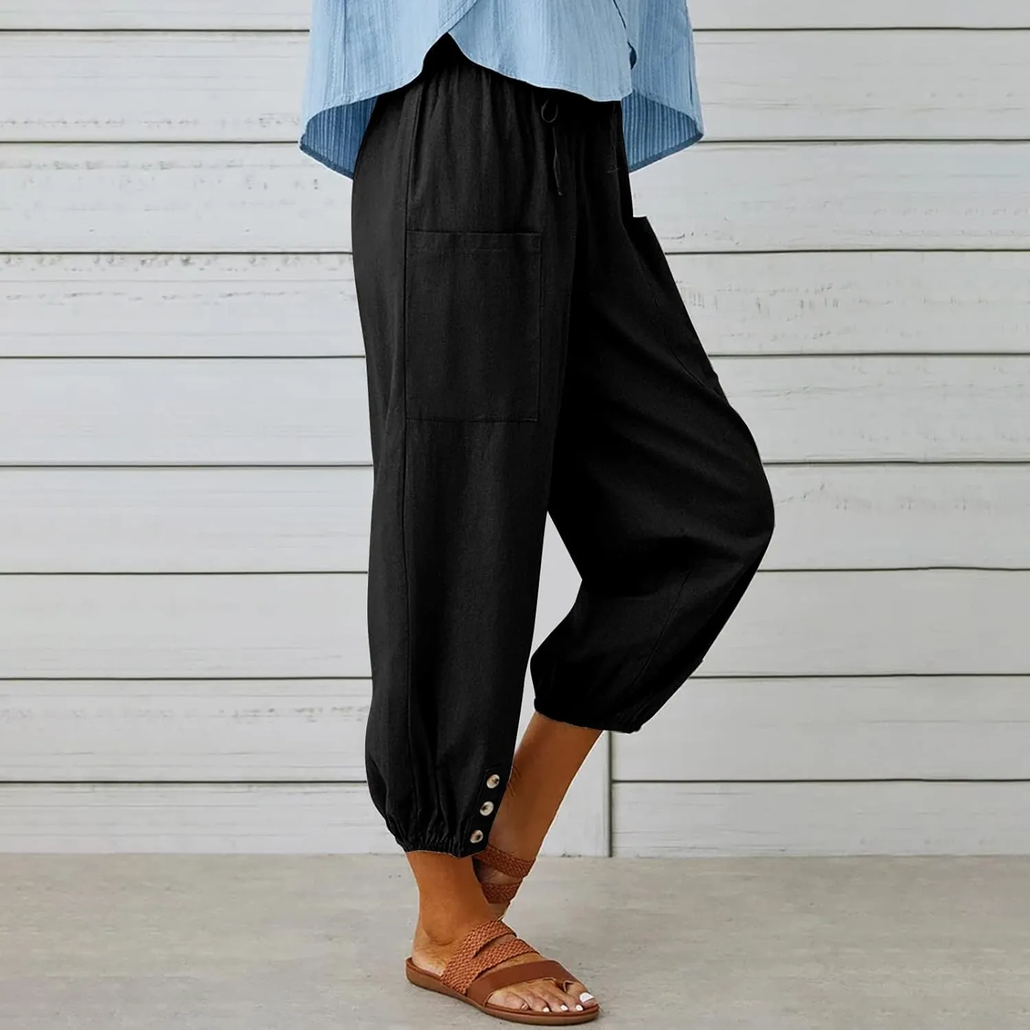 Women's Linen Pants Casual Elastic Waist Relaxed Fit Straight Leg Capri Pants Cropped Beach Trousers with Pockets
