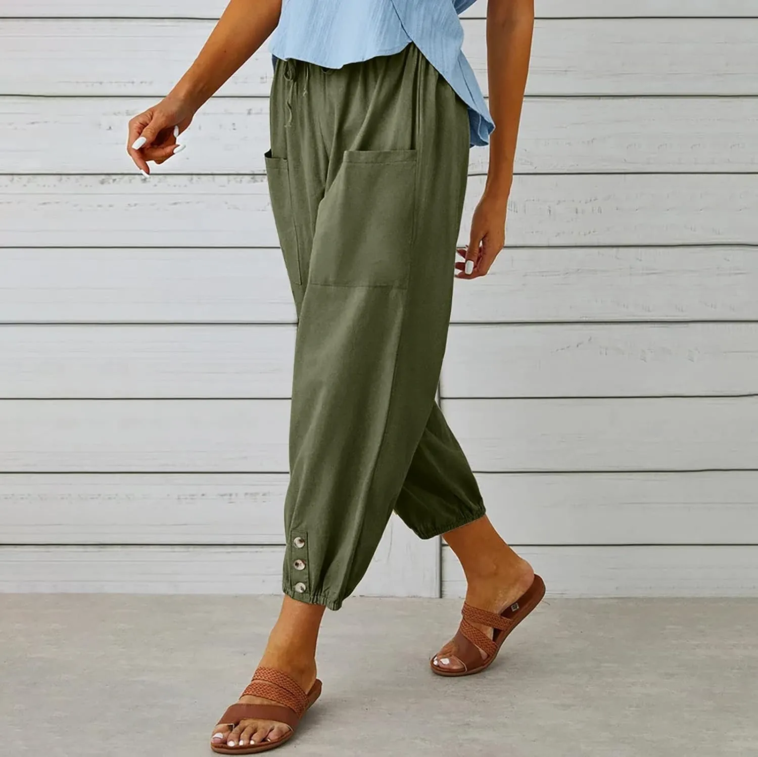 Women's Linen Pants Casual Elastic Waist Relaxed Fit Straight Leg Capri Pants Cropped Beach Trousers with Pockets