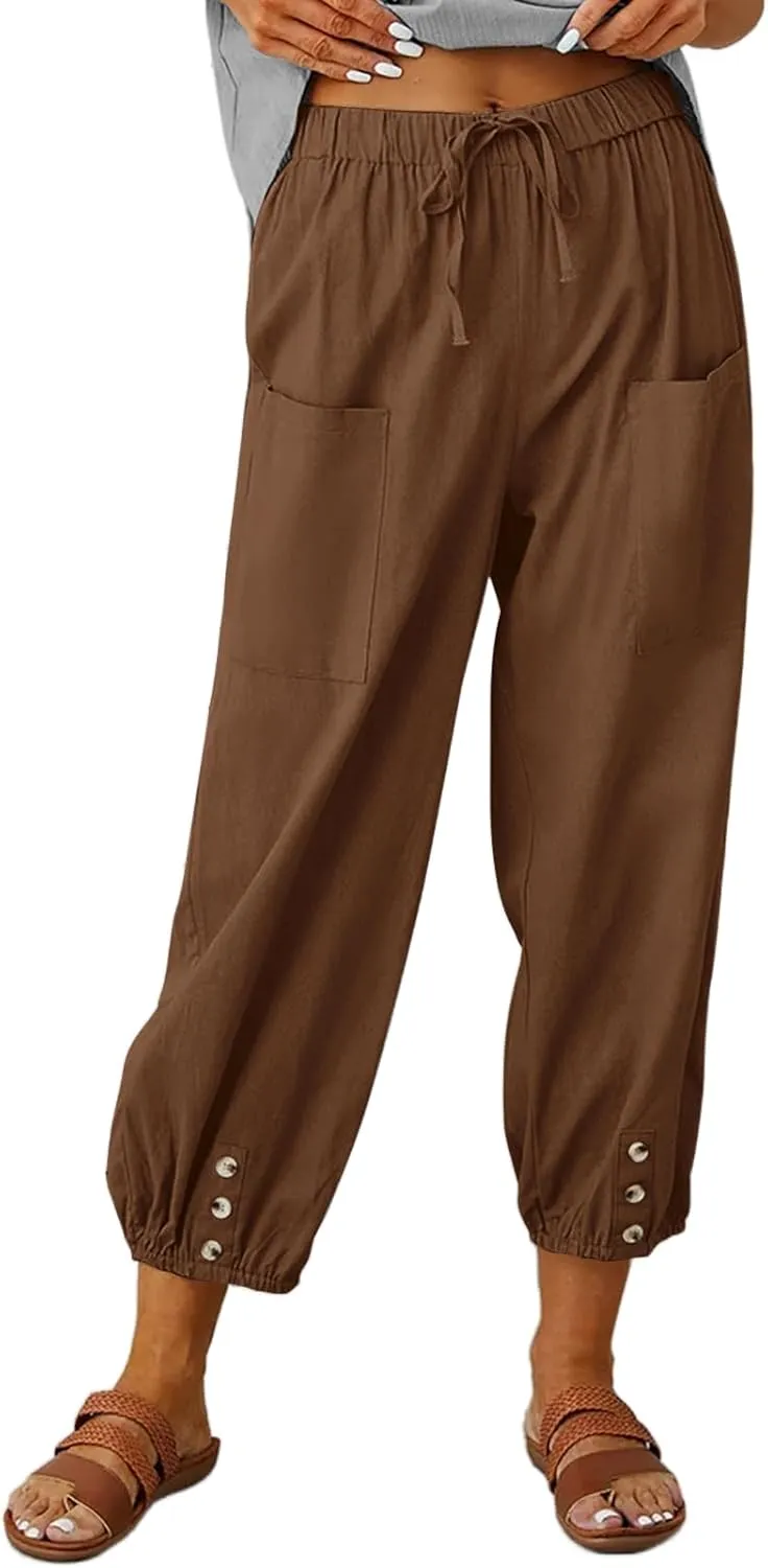 Women's Linen Pants Casual Elastic Waist Relaxed Fit Straight Leg Capri Pants Cropped Beach Trousers with Pockets