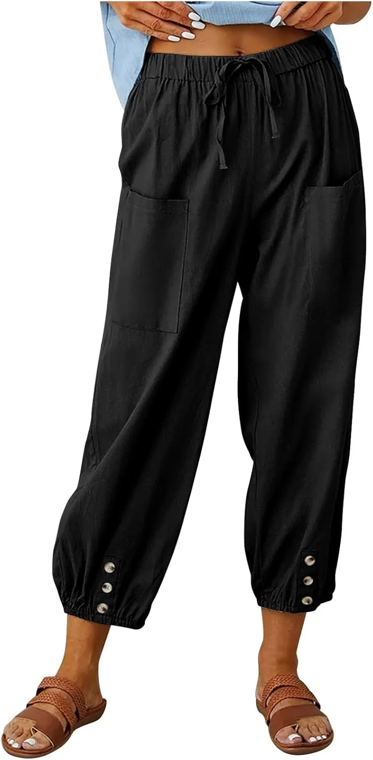 Women's Linen Pants Casual Elastic Waist Relaxed Fit Straight Leg Capri Pants Cropped Beach Trousers with Pockets