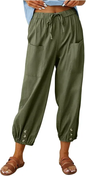 Women's Linen Pants Casual Elastic Waist Relaxed Fit Straight Leg Capri Pants Cropped Beach Trousers with Pockets