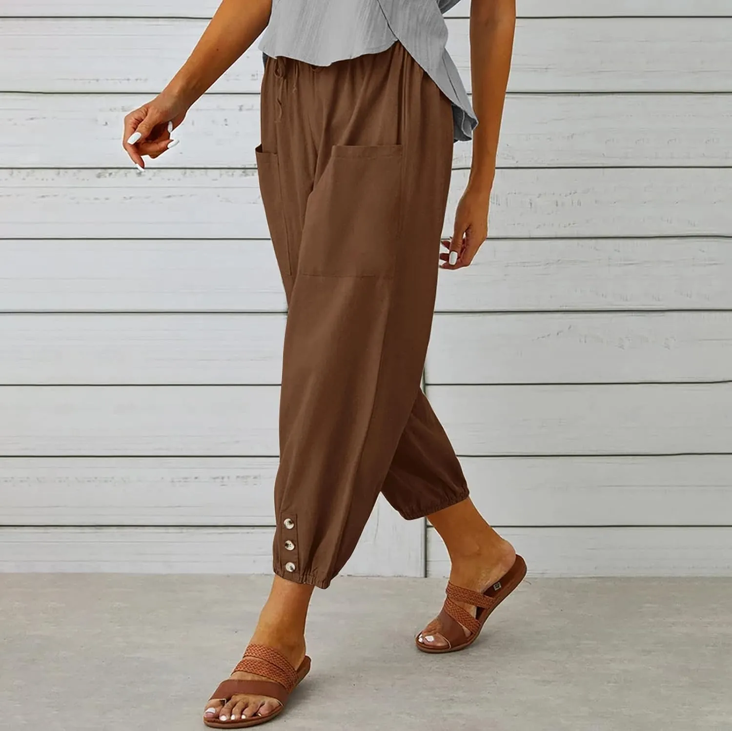Women's Linen Pants Casual Elastic Waist Relaxed Fit Straight Leg Capri Pants Cropped Beach Trousers with Pockets