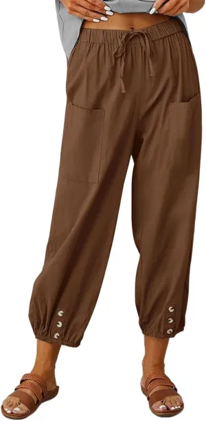 Women's Linen Pants Casual Elastic Waist Relaxed Fit Straight Leg Capri Pants Cropped Beach Trousers with Pockets