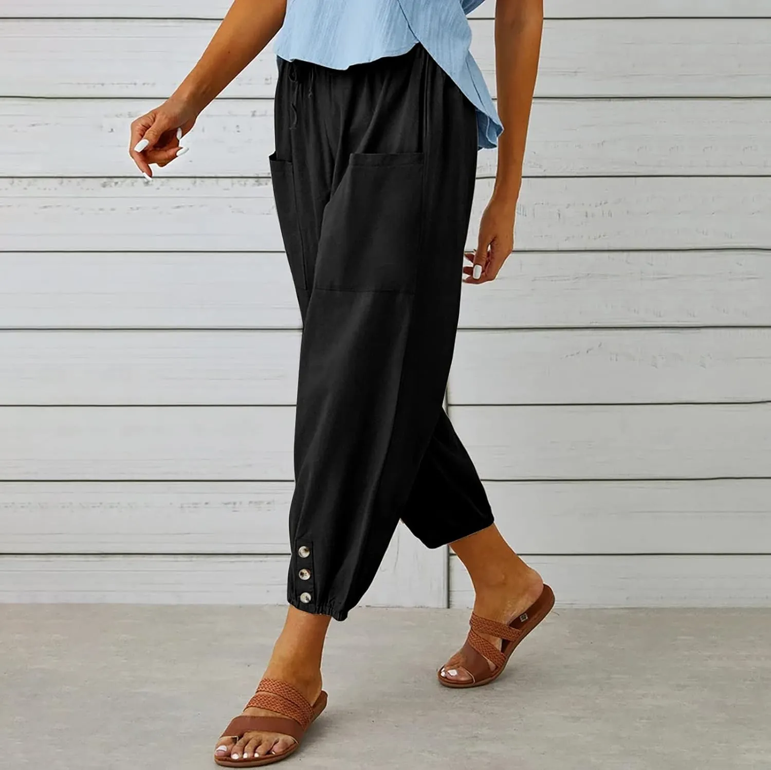 Women's Linen Pants Casual Elastic Waist Relaxed Fit Straight Leg Capri Pants Cropped Beach Trousers with Pockets