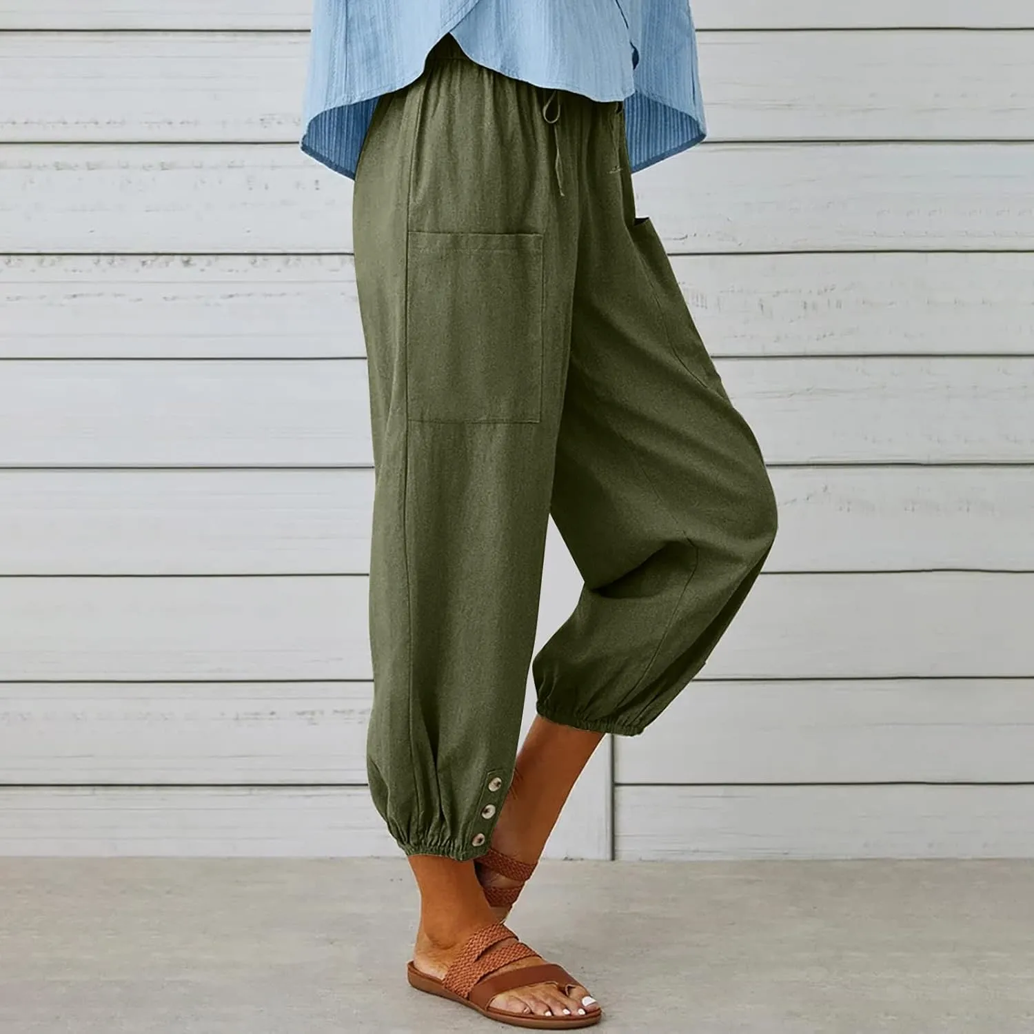 Women's Linen Pants Casual Elastic Waist Relaxed Fit Straight Leg Capri Pants Cropped Beach Trousers with Pockets