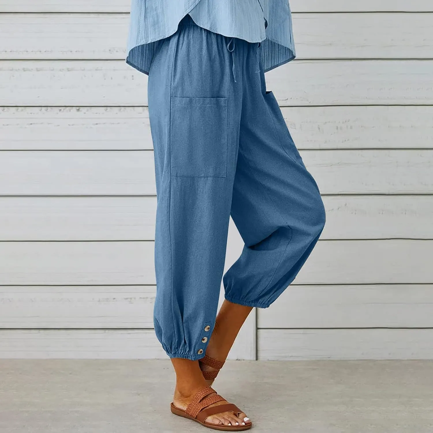 Women's Linen Pants Casual Elastic Waist Relaxed Fit Straight Leg Capri Pants Cropped Beach Trousers with Pockets