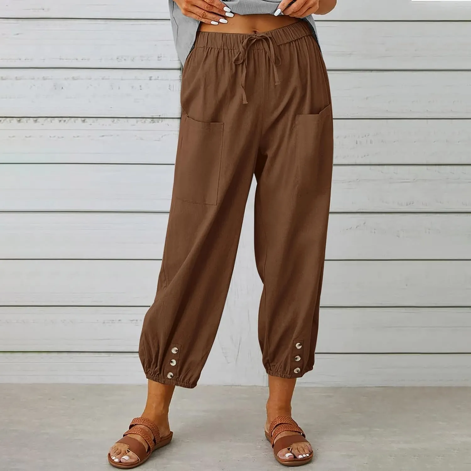 Women's Linen Pants Casual Elastic Waist Relaxed Fit Straight Leg Capri Pants Cropped Beach Trousers with Pockets