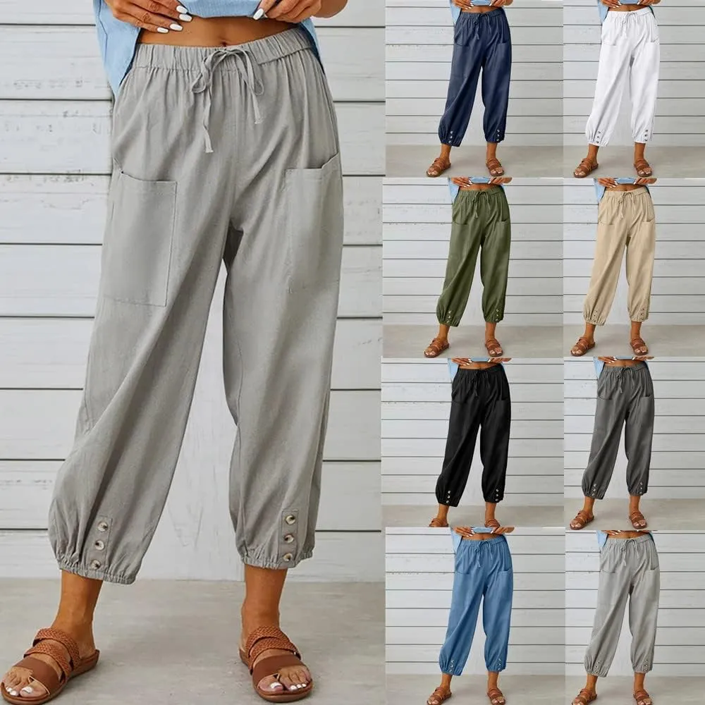 Women's Linen Pants Casual Elastic Waist Relaxed Fit Straight Leg Capri Pants Cropped Beach Trousers with Pockets