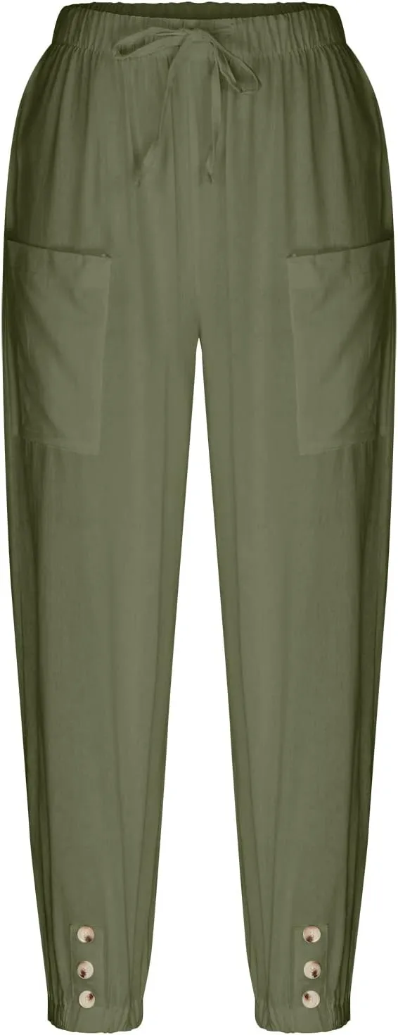 Women's Linen Pants Casual Elastic Waist Relaxed Fit Straight Leg Capri Pants Cropped Beach Trousers with Pockets