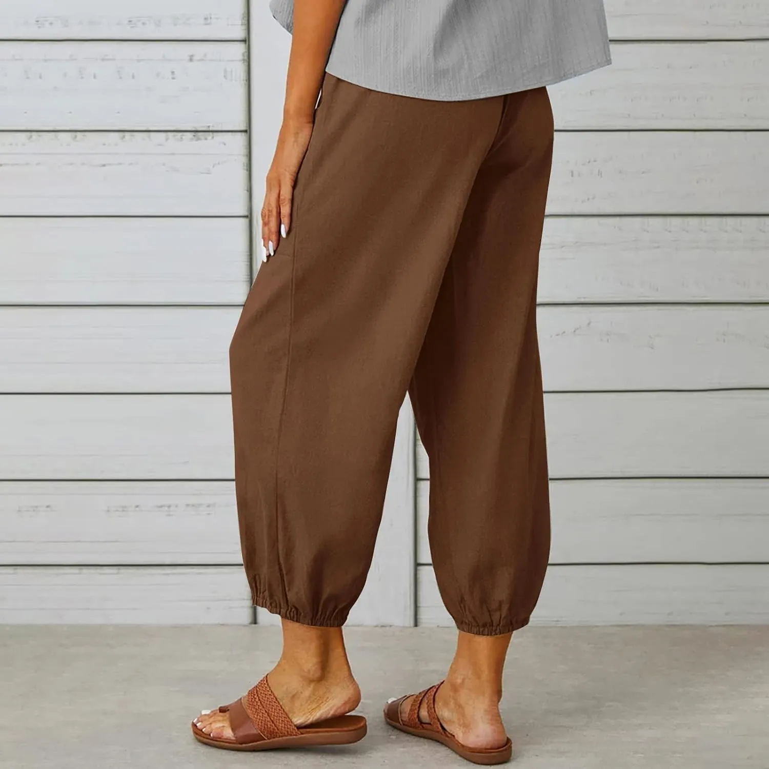 Women's Linen Pants Casual Elastic Waist Relaxed Fit Straight Leg Capri Pants Cropped Beach Trousers with Pockets