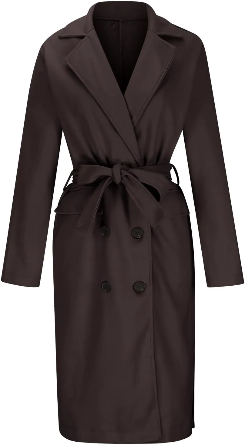 Women's Long Trench Coats Classic Causal Double Breasted Windproof Lapel Pocketed Overcoat with Belt
