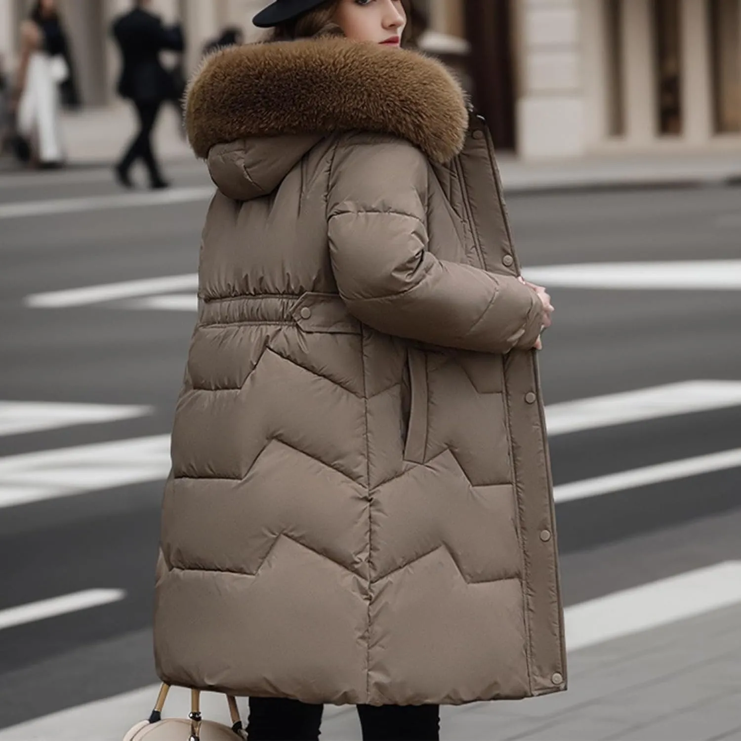 Women's Long Winter Faux Fur Hooded Puffer Warm Jacket Thickened Cotton Padded Down Coat Zip Quilted Pockets Outwear