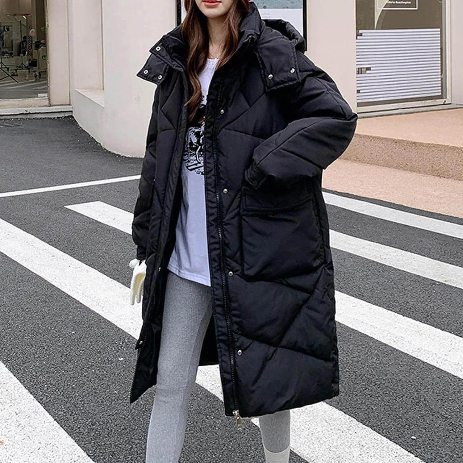 Women's Long Winter Puffer Coat Windproof Warm Maxi Down Jacket Quilted Thickened Hood Parka Down Coats Outerwear