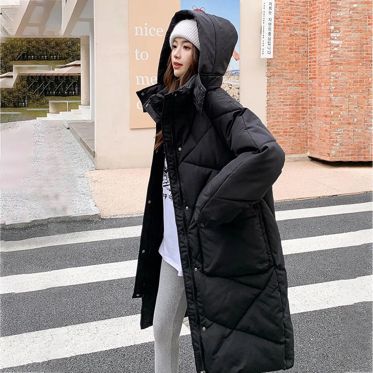 Women's Long Winter Puffer Coat Windproof Warm Maxi Down Jacket Quilted Thickened Hood Parka Down Coats Outerwear