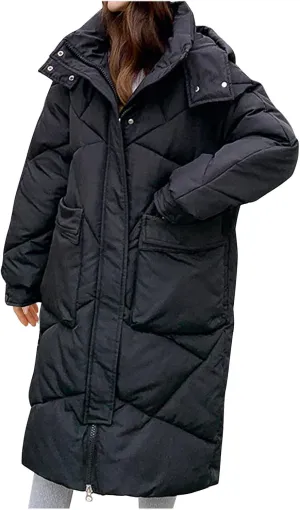 Women's Long Winter Puffer Coat Windproof Warm Maxi Down Jacket Quilted Thickened Hood Parka Down Coats Outerwear