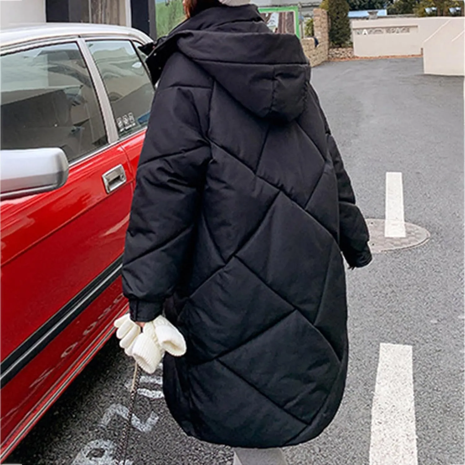 Women's Long Winter Puffer Coat Windproof Warm Maxi Down Jacket Quilted Thickened Hood Parka Down Coats Outerwear