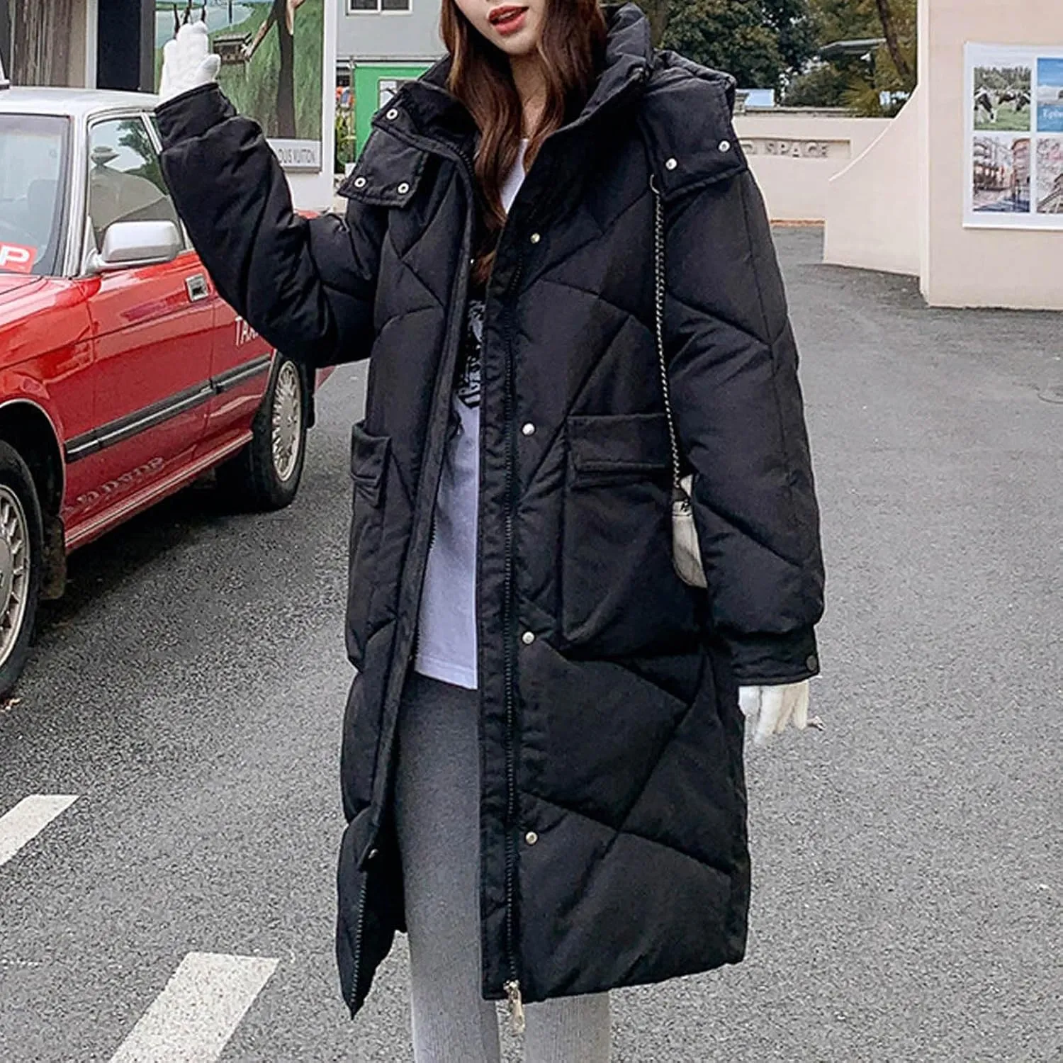 Women's Long Winter Puffer Coat Windproof Warm Maxi Down Jacket Quilted Thickened Hood Parka Down Coats Outerwear
