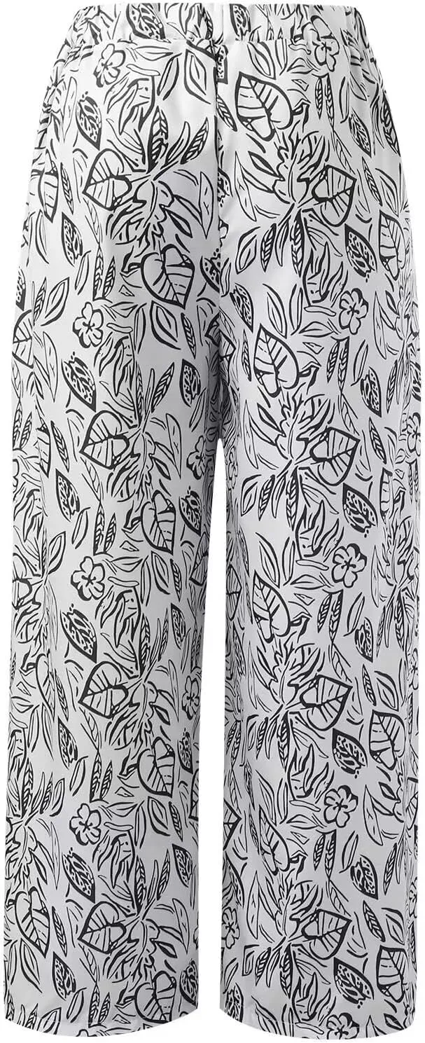 Women's Loose Casual Leaf Printing Trousers Straight Wide Leg Casual Pants with Pockets
