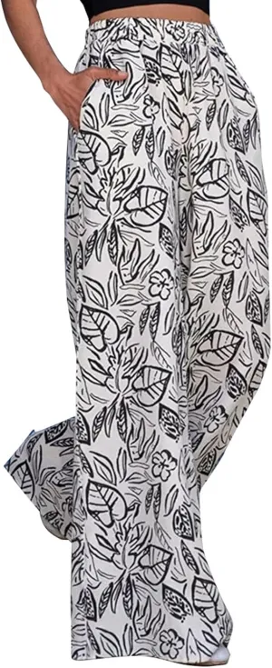 Women's Loose Casual Leaf Printing Trousers Straight Wide Leg Casual Pants with Pockets