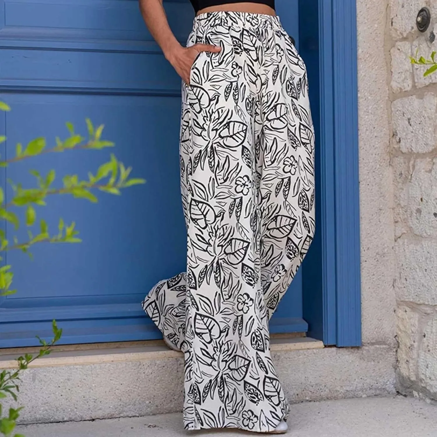 Women's Loose Casual Leaf Printing Trousers Straight Wide Leg Casual Pants with Pockets