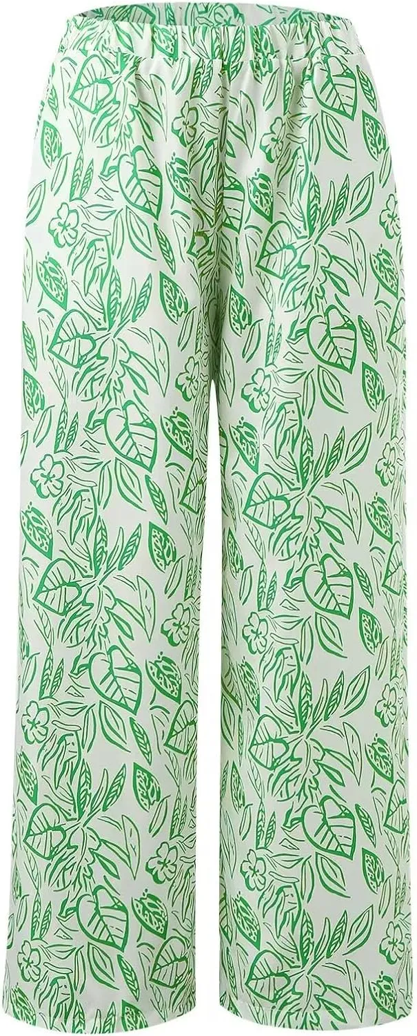 Women's Loose Casual Leaf Printing Trousers Straight Wide Leg Casual Pants with Pockets