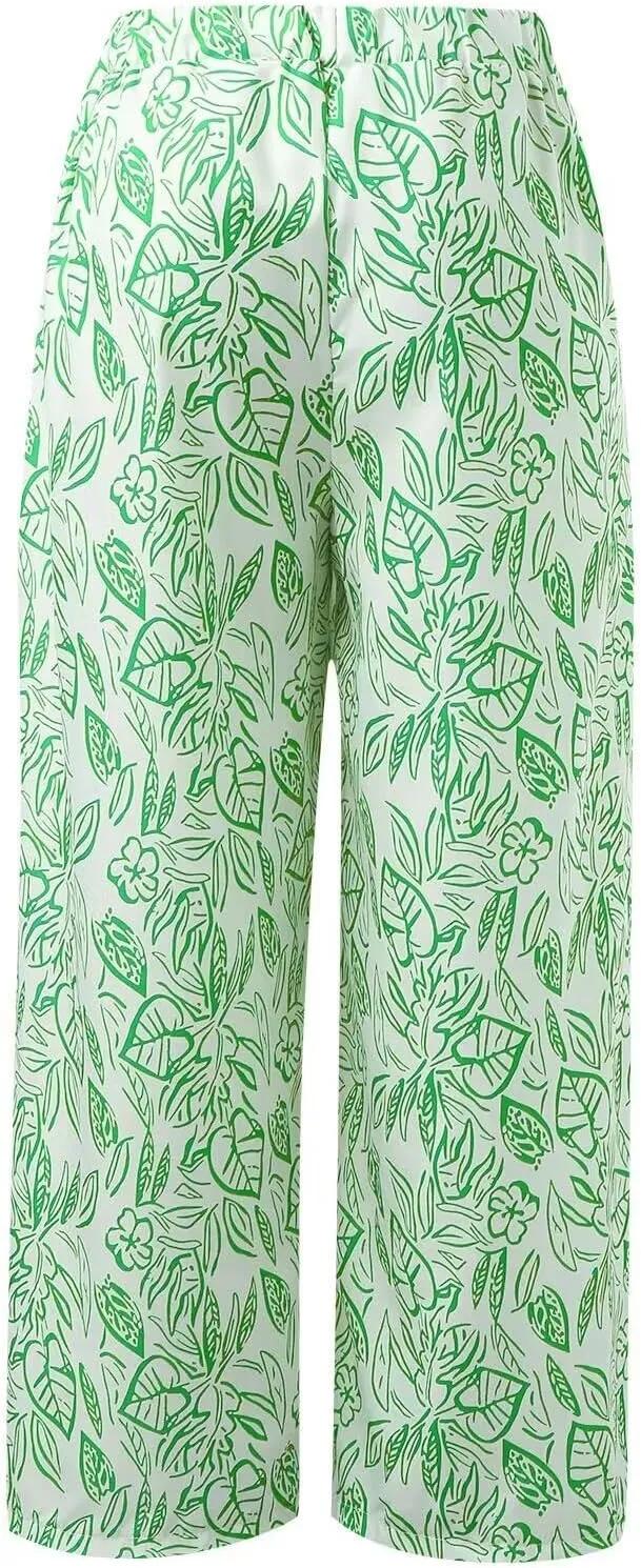 Women's Loose Casual Leaf Printing Trousers Straight Wide Leg Casual Pants with Pockets