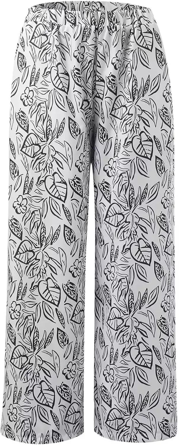 Women's Loose Casual Leaf Printing Trousers Straight Wide Leg Casual Pants with Pockets