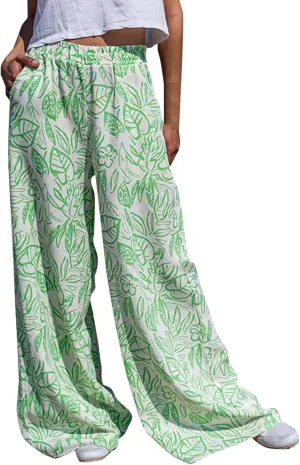 Women's Loose Casual Leaf Printing Trousers Straight Wide Leg Casual Pants with Pockets
