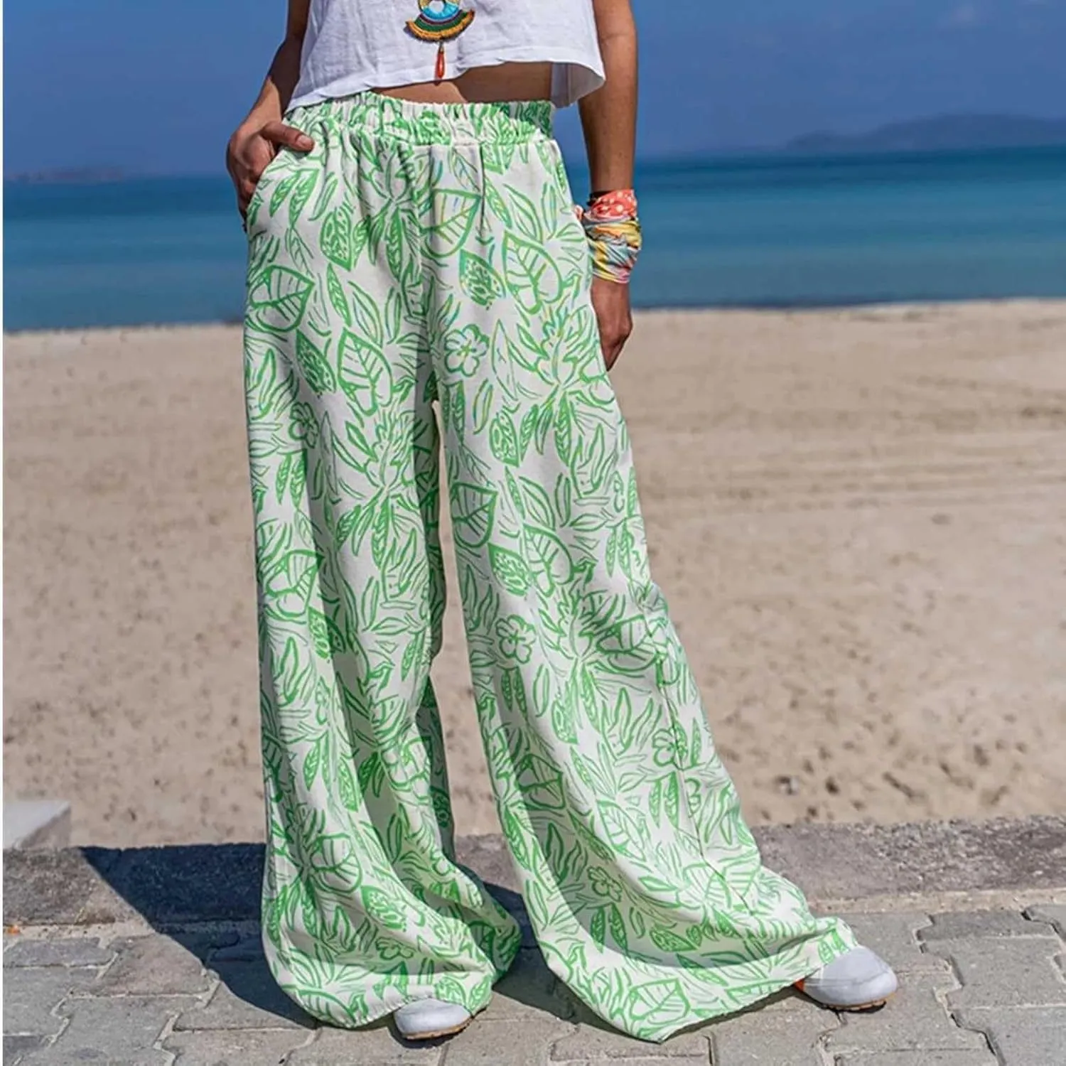 Women's Loose Casual Leaf Printing Trousers Straight Wide Leg Casual Pants with Pockets