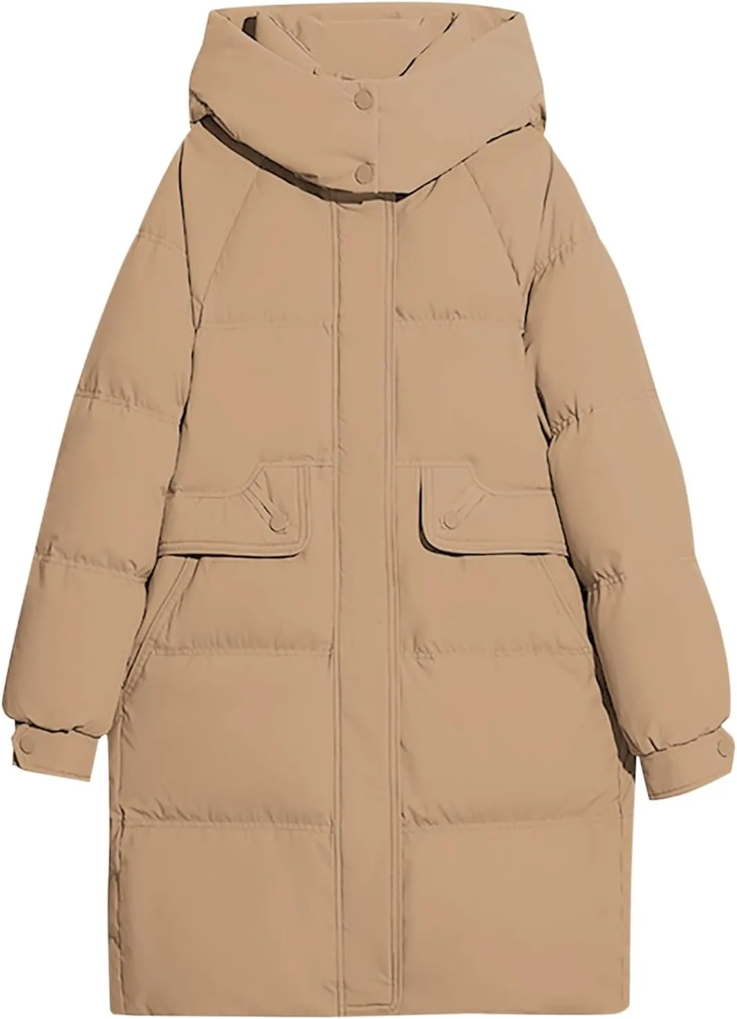 Womens Mid Length Puffer Jacket with Hood Winter Warm Down Coat Thickened Zip Cotton-Padded Overcoat Pockets Outwear