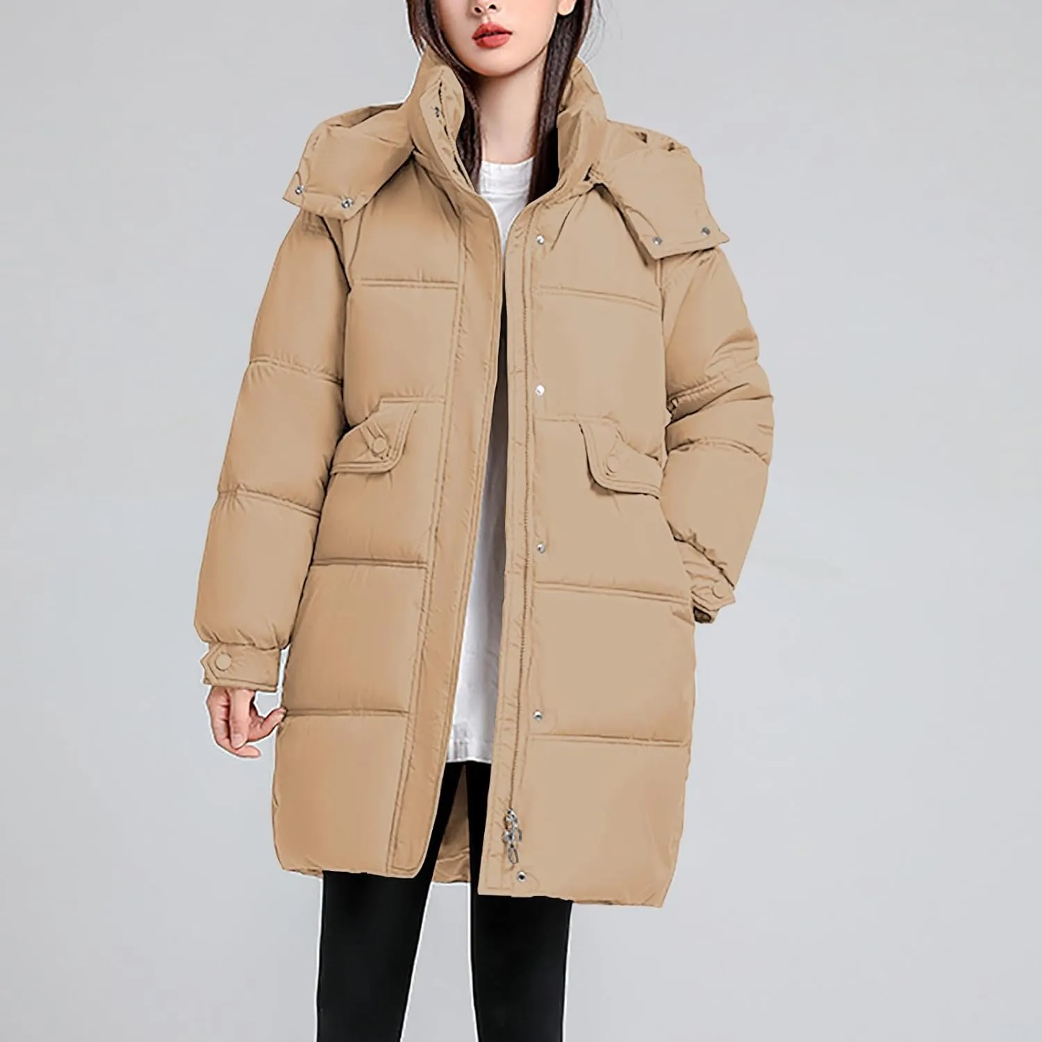 Womens Mid Length Puffer Jacket with Hood Winter Warm Down Coat Thickened Zip Cotton-Padded Overcoat Pockets Outwear