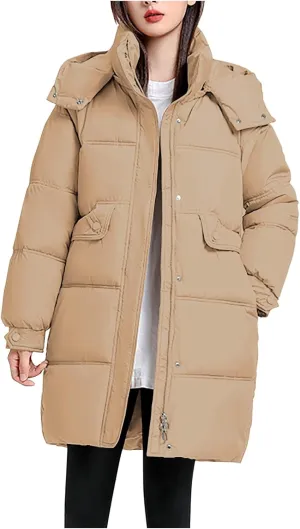 Womens Mid Length Puffer Jacket with Hood Winter Warm Down Coat Thickened Zip Cotton-Padded Overcoat Pockets Outwear