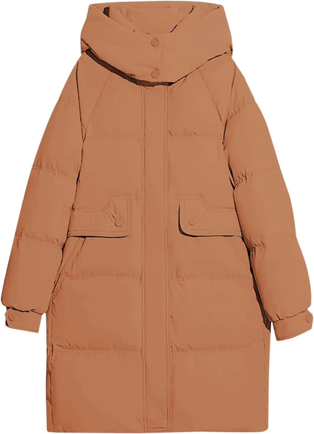 Womens Mid Length Puffer Jacket with Hood Winter Warm Down Coat Thickened Zip Cotton-Padded Overcoat Pockets Outwear
