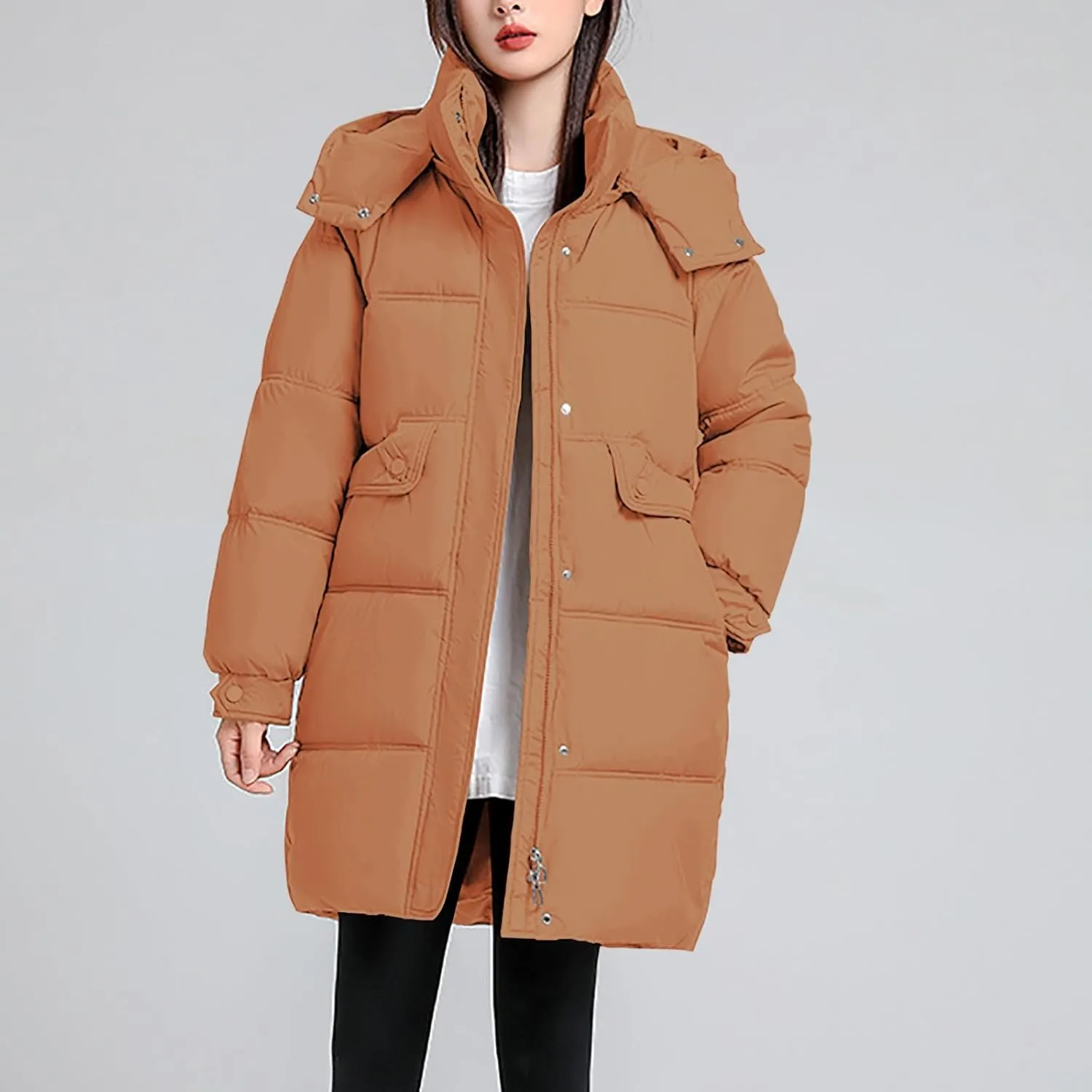 Womens Mid Length Puffer Jacket with Hood Winter Warm Down Coat Thickened Zip Cotton-Padded Overcoat Pockets Outwear
