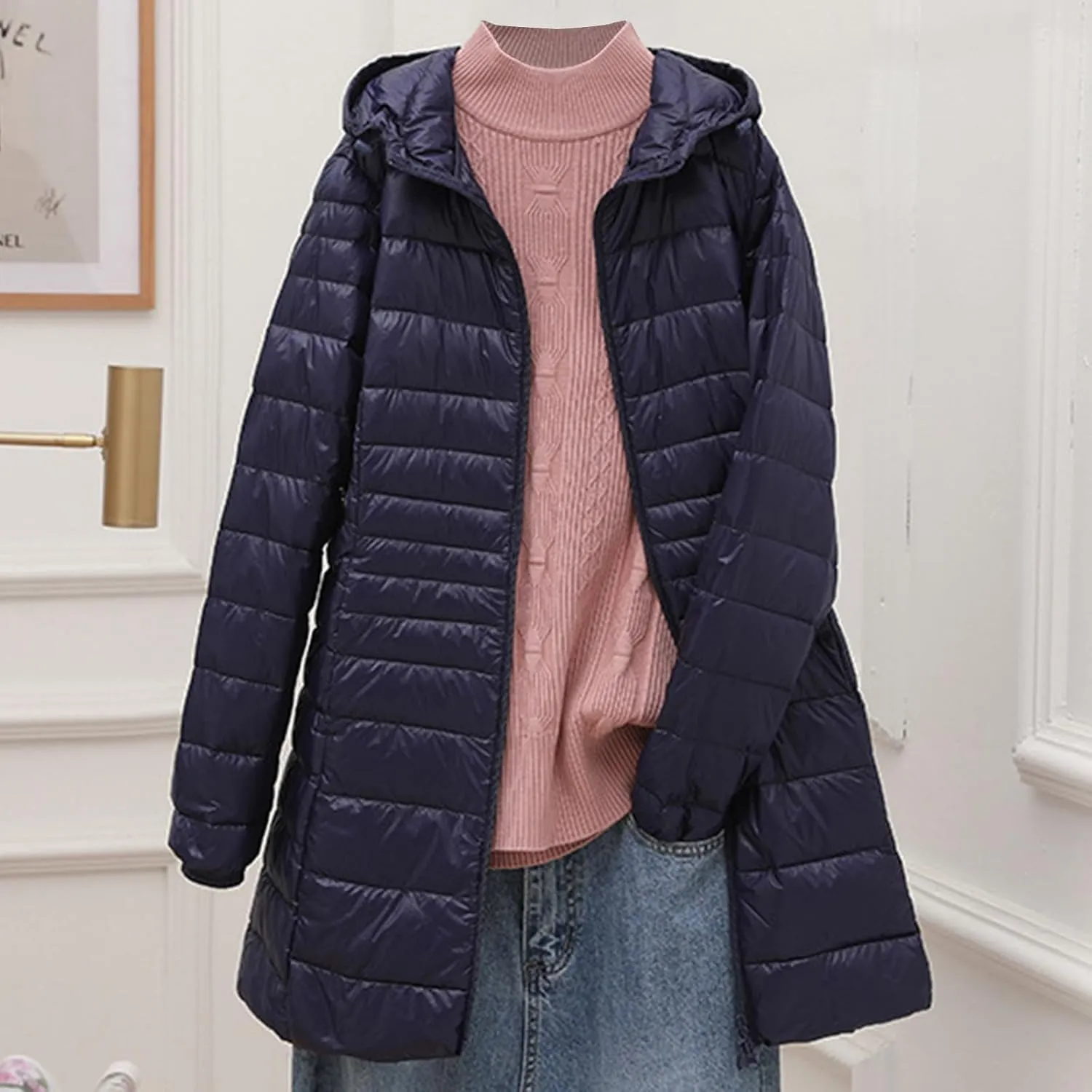 Womens Packable Puffer Jacket Winter Warm Lightweight Down Jackets Windproof Oversized Long Coat with Hood Outerwear