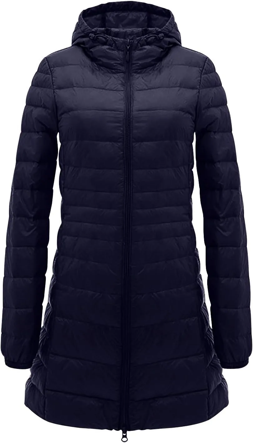 Womens Packable Puffer Jacket Winter Warm Lightweight Down Jackets Windproof Oversized Long Coat with Hood Outerwear