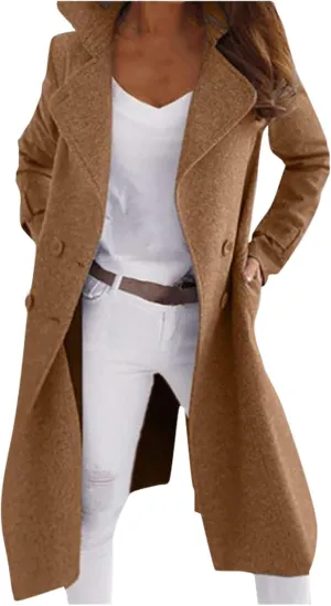 Women's Pea Coats Casual Double Breasted Lapel Jackets Stand Collar Long Wool Coats Winter Trench Coats with Pockets