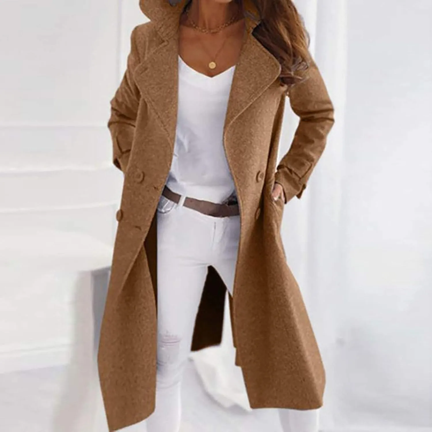 Women's Pea Coats Casual Double Breasted Lapel Jackets Stand Collar Long Wool Coats Winter Trench Coats with Pockets