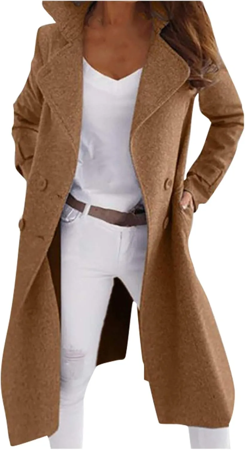 Women's Pea Coats Casual Double Breasted Lapel Jackets Stand Collar Long Wool Coats Winter Trench Coats with Pockets
