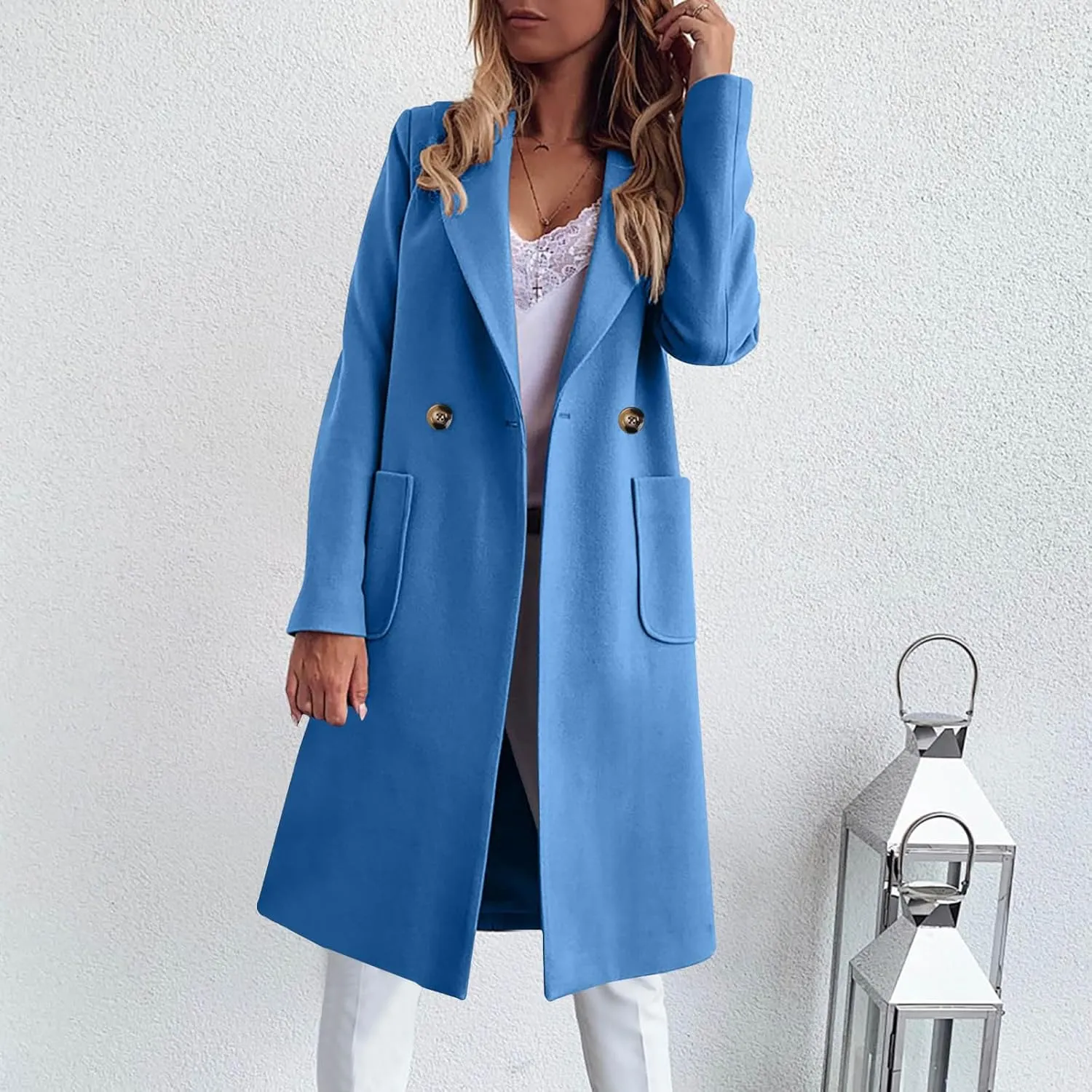 Womens Pea Coats Plus Size Notch Lapel Cardigan Coats Casual Mid Length Overcoat Long Winter Coats with Pockets