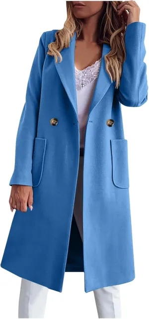 Womens Pea Coats Plus Size Notch Lapel Cardigan Coats Casual Mid Length Overcoat Long Winter Coats with Pockets