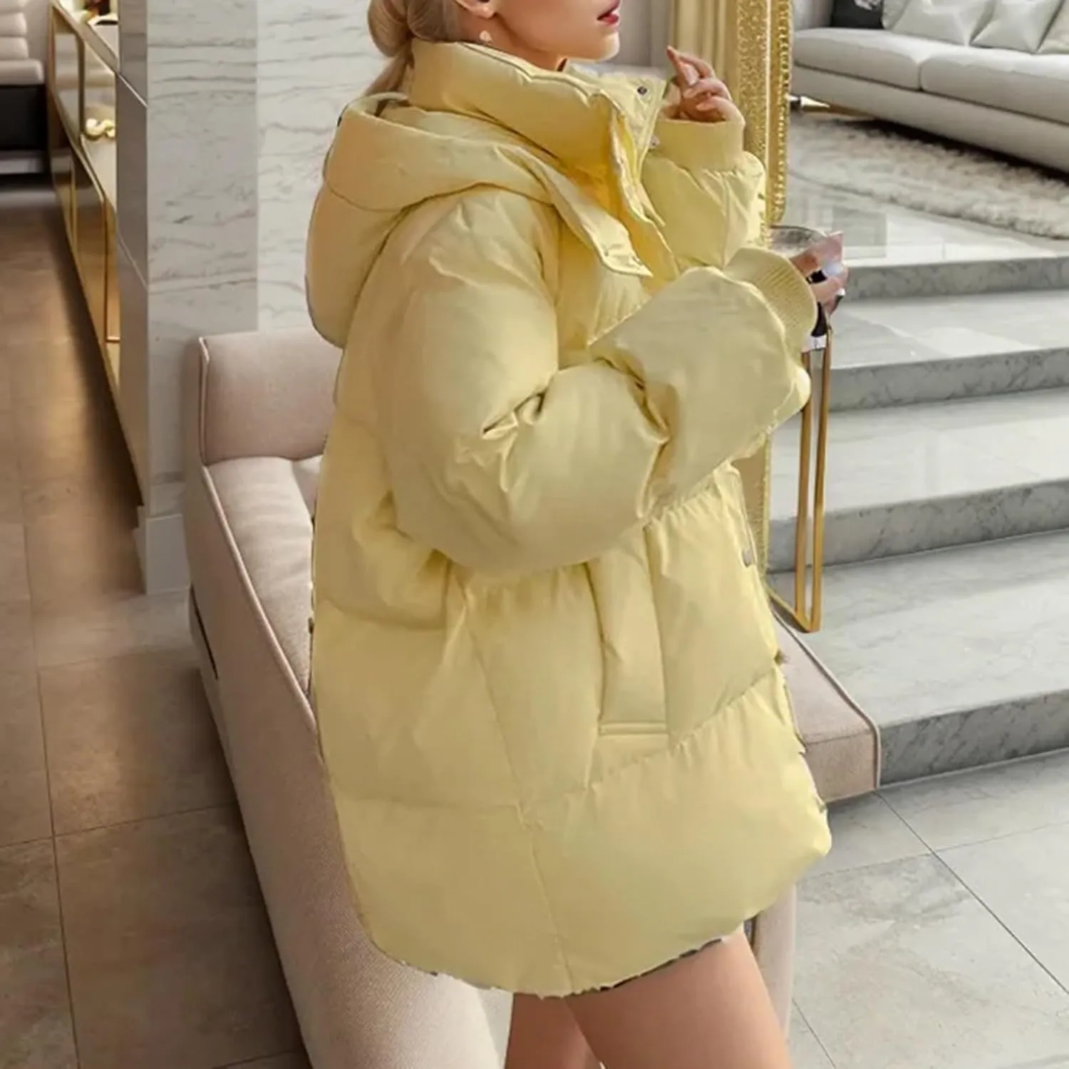 Women's Puffer Down Jacket Lightweight Quilted Jackets with Pockets Oversized Mid Length Thickened Hoodie Winter Coat