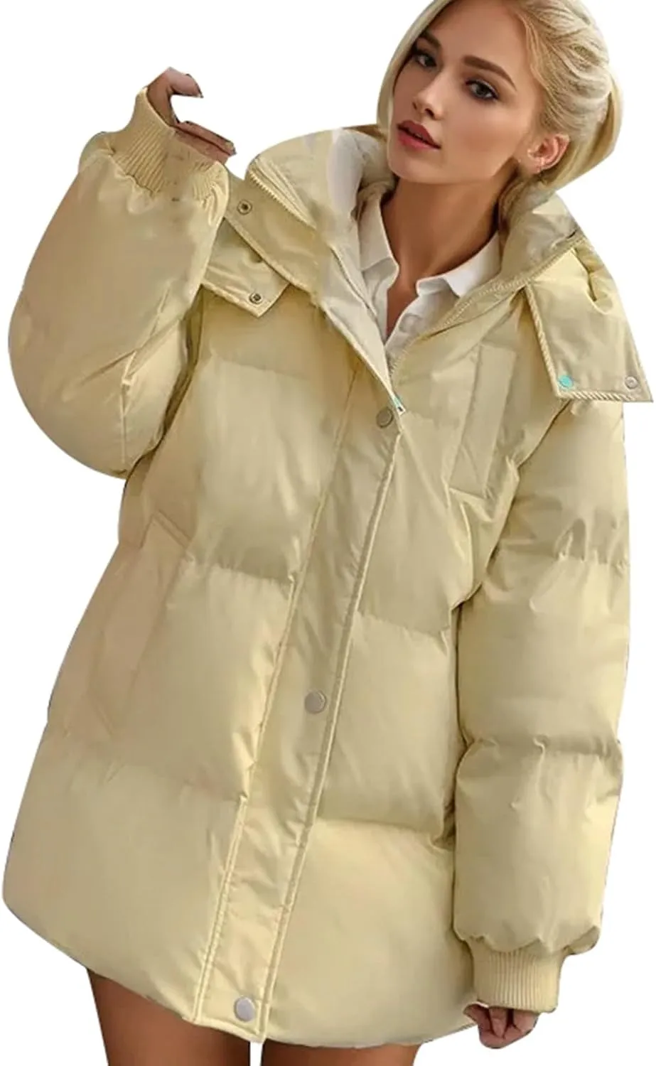 Women's Puffer Down Jacket Lightweight Quilted Jackets with Pockets Oversized Mid Length Thickened Hoodie Winter Coat